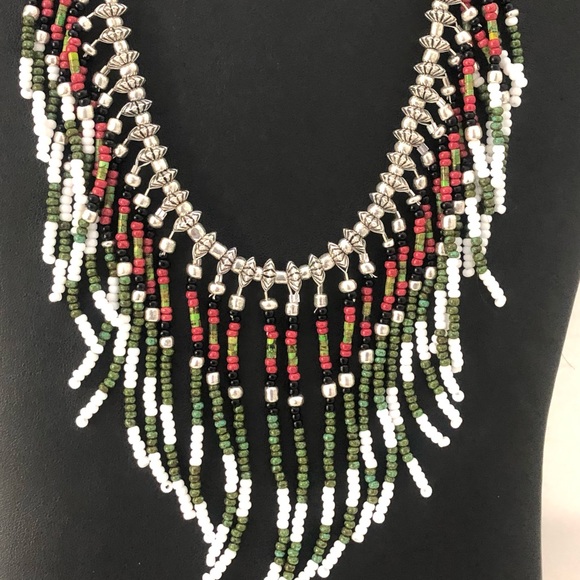 Handmade boho fringed festival beaded necklace in silver, green, and white - Picture 4 of 4